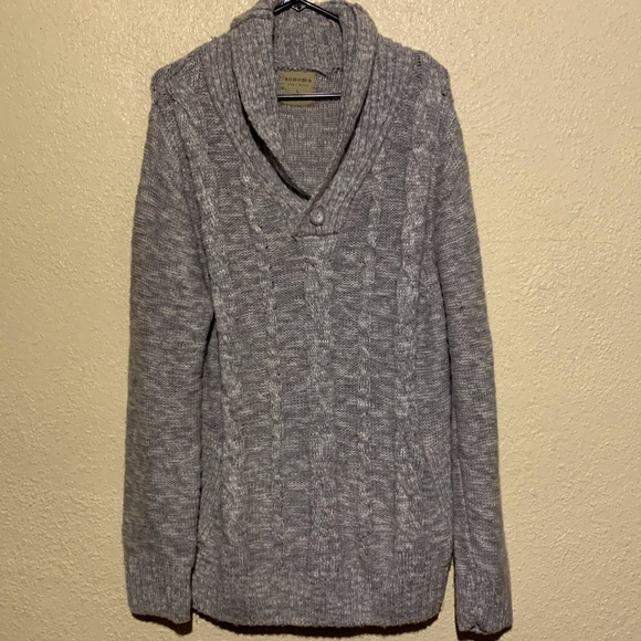 Sonoma Sweater L Gray White Cable Knit Pullover Stretchy Acrylic Wool Pockets - Picture 1 of 16